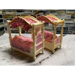 2 Fisher Price Loving Family Girls Twin Canopy Bed With Blanket Mattel Dollhouse